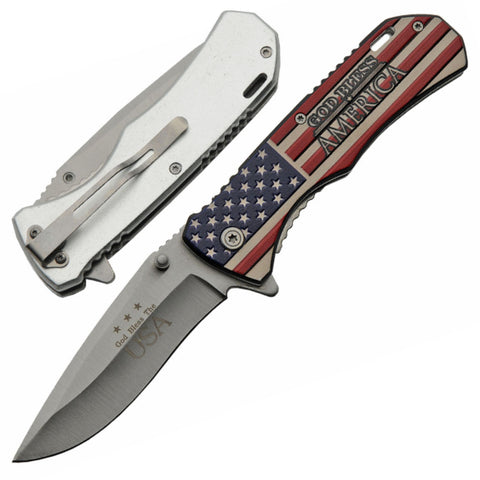 Spring-Assist Folding Knife | Patriotic God Bless America USA Flag Silver