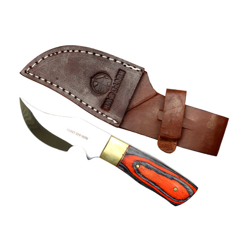 Hunt-Down 7" Full Tang Skinner Knife Orange & Black Wood Handle With Leather Sheath