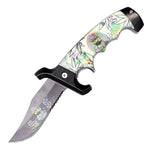 9" Serrated Blade Spring Assisted Folding Knife White ABS Handle W/ Belt Cutter