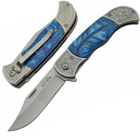 4.5" ENGRAVED BOLSTER KNIFE (BLUE) POCKET SILVER ENGRAVED WESTERN EDC