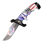 9" Serrated Blade Spring Assisted Folding Knife USA Flag ABS Handle W/ Belt Cutter