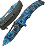 4.5" ICE SPIRIT FOLDER FOLDING KNIFE BLUE SKULL EDC SPRING ASSISTED
