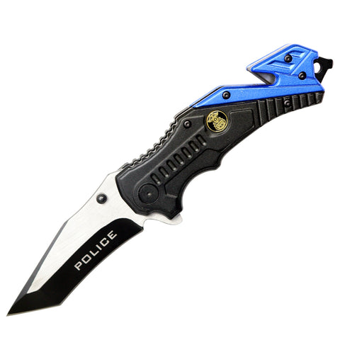 8"  Two Tone Blade Blue & Black Spring Assisted Folding Knife Aluminum Handle With Belt Cutter