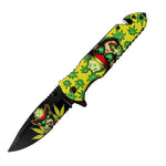 8.5" Monkey Design Yellow Handle Spring Assisted Folding Knife W/ Belt Cutter