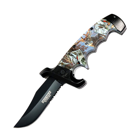 Defender-Xtreme 9" Stag Hunt Handle Spring Assisted Folding Knife With Belt Clip