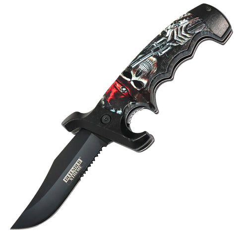 Defender-Xtreme 9" Skull Holding Gun Spring Assisted Folding Knife W/ Belt Clip