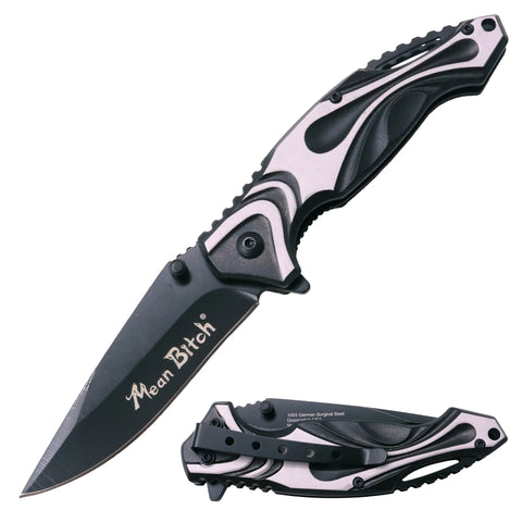 MEAN BITCH Spring Assisted Blade Tiger-USA Capitol Agent Knife BLACK AND WHITE WOMENS EDC