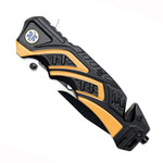 8.5" Black & Orange Aluminum Handle Two Tone Blade Spring Assisted Folding Knife With Belt Cutter
