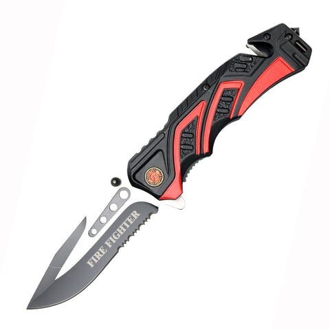 8.5" Black & Red Aluminum Handle Two Tone Blade Spring Assisted Folding Knife With Belt Cutter