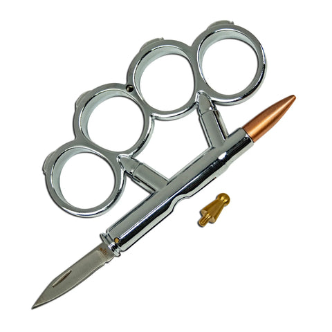 BladesUSA Knuckles - PK-1883CH Silver w/ bullet knife- Belt Buckle