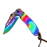 Hunt-Down 8" Spring Assisted Folding Knife Designer Handle Stone-wash Rainbow Blade