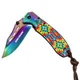 Hunt-Down 8" Spring Assisted Folding Knife Stone wash Rainbow Blade Designer Handle