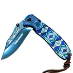 Hunt-Down 8" Stone-wash Blue Blade Spring Assisted Folding Knife Designer Handle