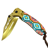 Hunt-Down 8" Stone-wash Gold Blade Spring Assisted Folding Knife Designer Handle