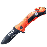 8" Black Finished Blade Orange & Black Aluminum Handle Spring Assisted Folding Knife With Belt Cutter
