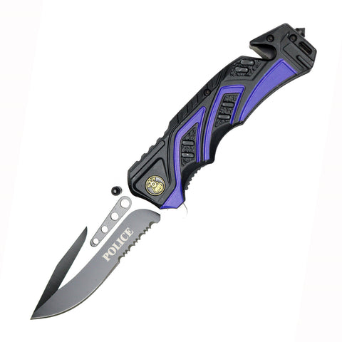 8.5" Black & Blue Aluminum Handle Two Tone Blade Spring Assisted Folding Knife With Belt Cutter