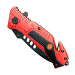 8" Black Finished Blade Red & Black Aluminum Handle Spring Assisted Folding Knife With Belt Cutter