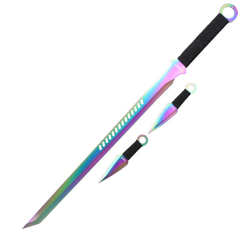 28" Sword with 2 Throwing knives Rainbow Female Fantasy Full Tang Ninja Machete