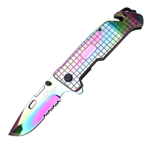 TheBoneEdge 8.5" Shiny Rainbow Drop Point Blade Spring Assisted Folding Knife With Belt Cutter