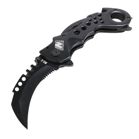 MACK 7.5" Karambit Style Spring Assisted Folding Knife All Black Stainless Steel MS4