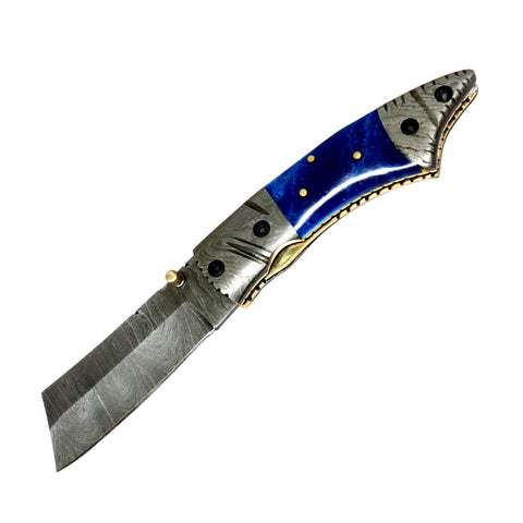 TheBoneEdge 7.5" Damascus Blade Folding Knife Brown Horn Handle Handmade Sheath