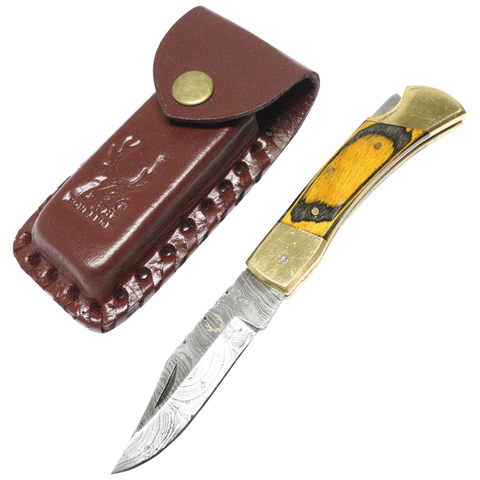 TheBoneEdge 7" Hunting Folding Knife Damascus Steel Yellow Wood Handle Hand Made New