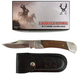 TheBoneEdge 9" Folding Knife Wood Handle Stainless Steel Blade Leather Sheath