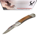 TheBoneEdge 9" Folding Knife Wood Handle Stainless Steel Blade Leather Sheath