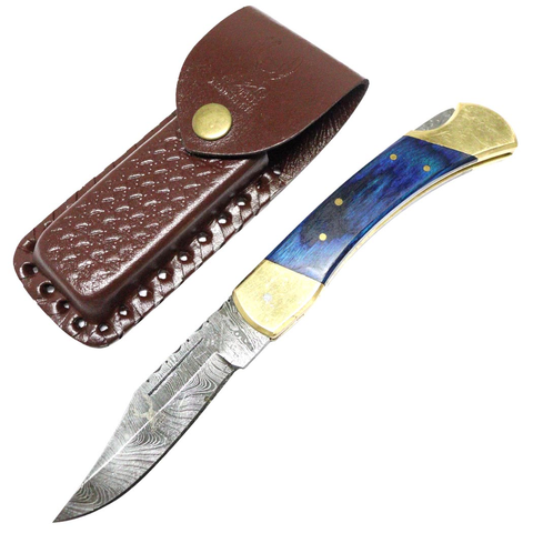 TheBoneEdge 9" Hunting Folding Knife Damascus Steel Blue Wood Handle Hand Made New
