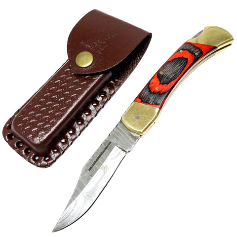 TheBoneEdge 9" Hunting Folding Knife Damascus Steel Red & Black Wood Handle Hand Made Ne