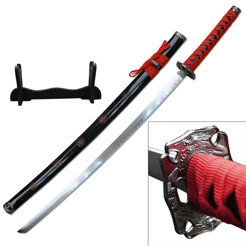 BladesUSA - Decorative Samurai Sword with Wood Display Stand - SW-72RD Red Black